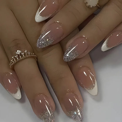 24Pcs Simple French Nails Art Tips Fake Nails 3D Design Wearable Full Cover False Nail Mid-length Almond Reusable Press on Nails