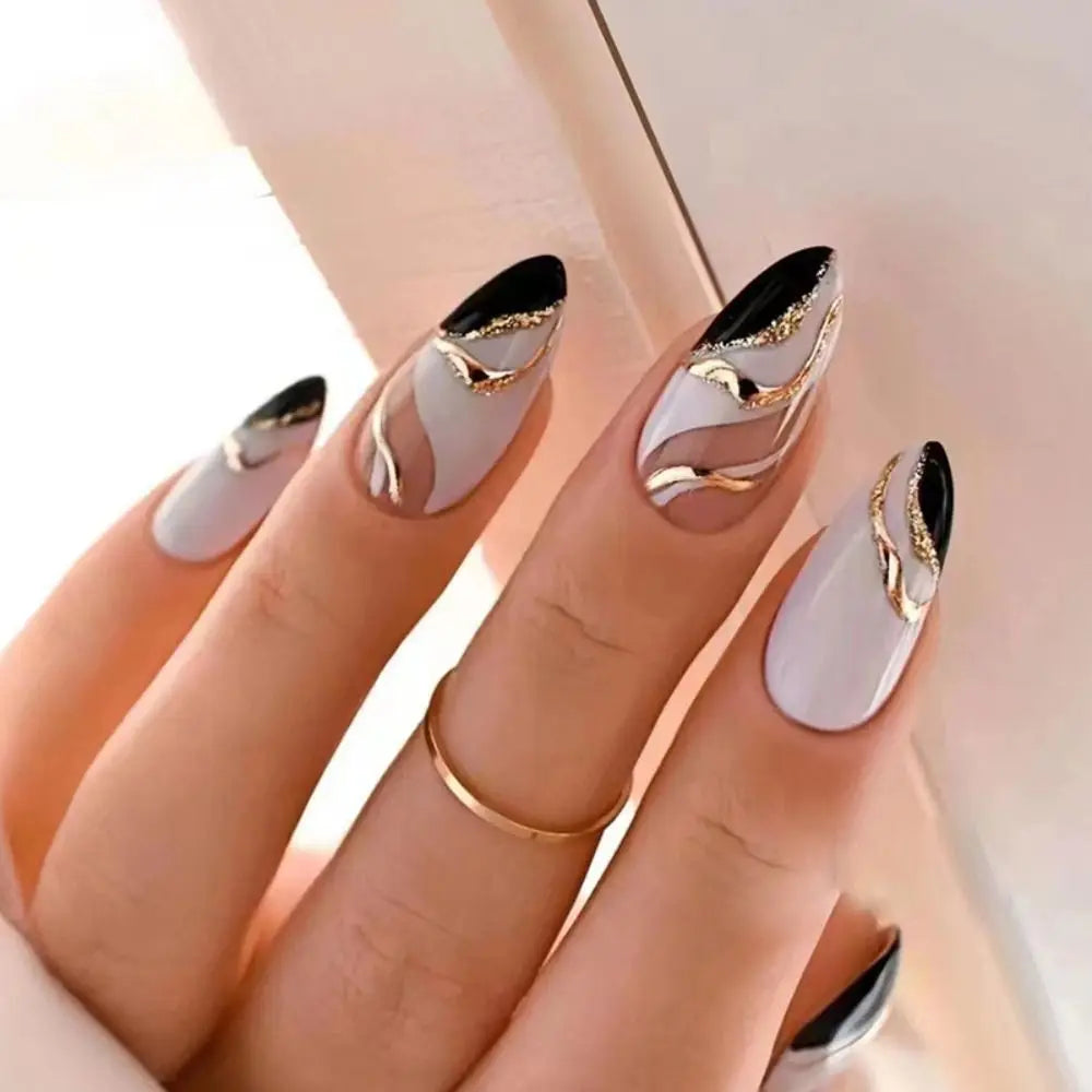 Simple French Wearable False Nails Almond Colorful Stripes Colorblock Design Manicure Fake Nails Line Full Cover Press On Nail