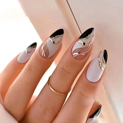 Simple French Wearable False Nails Almond Colorful Stripes Colorblock Design Manicure Fake Nails Line Full Cover Press On Nail