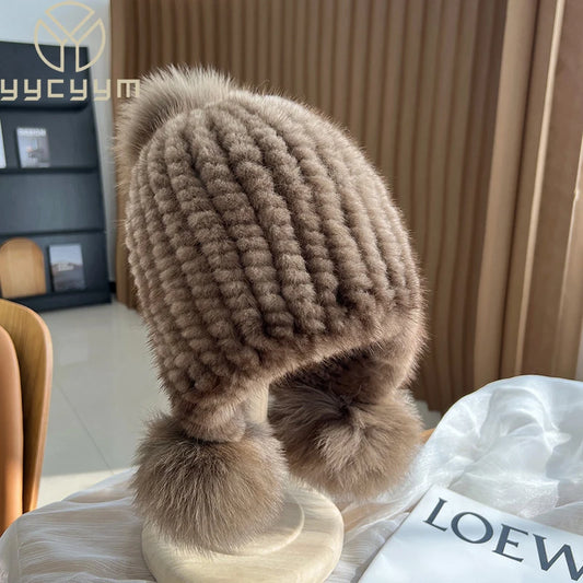 Winter Hot Sale Real Mink Fur Hat For Women Knitted Mink Fur Ear Warm Cap The Spiral Beanies Cap With Fox Fur Pompom On The Top