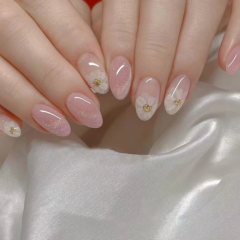 24Pcs White Ice Camellia Short False Nails Art Light Pink Sweet Girls Acrylic Press on Nails Full Cover Removable Fake Nail Set