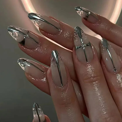 24Pcs French Gold Edge Wearable Almond Press on Fake Nails Simple Pearl Decoration False Nails with Glue Full Over Manicure Tips