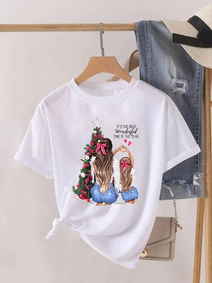 Lady New Year Short Sleeve Print Fashion Women Shirt Tee Top Paw Dog Cat Trend Cute Christmas Clothing Clothes Graphic T-shirt