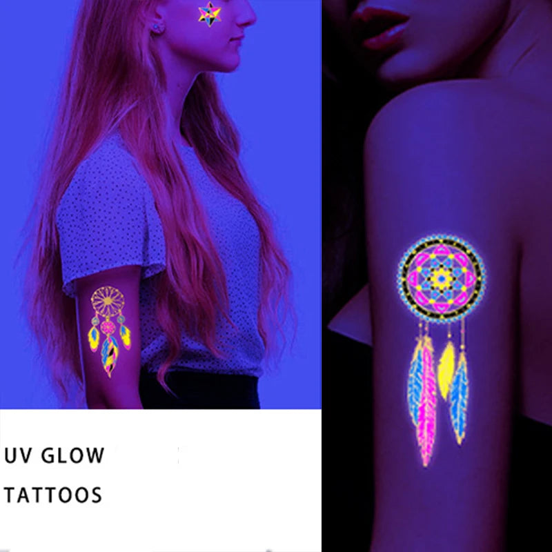 Luminous Temporary Tattoos Stickers Fluorescent Neon In Dark Illuminate Tattoo Elephant/Love Heart Shoulder Tattoo Party Sticker