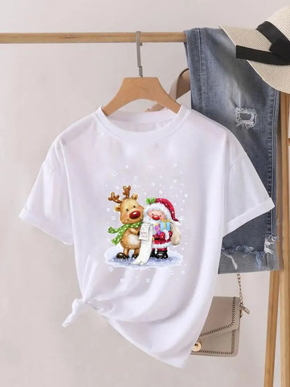 Lady New Year Short Sleeve Print Fashion Women Shirt Tee Top Paw Dog Cat Trend Cute Christmas Clothing Clothes Graphic T-shirt