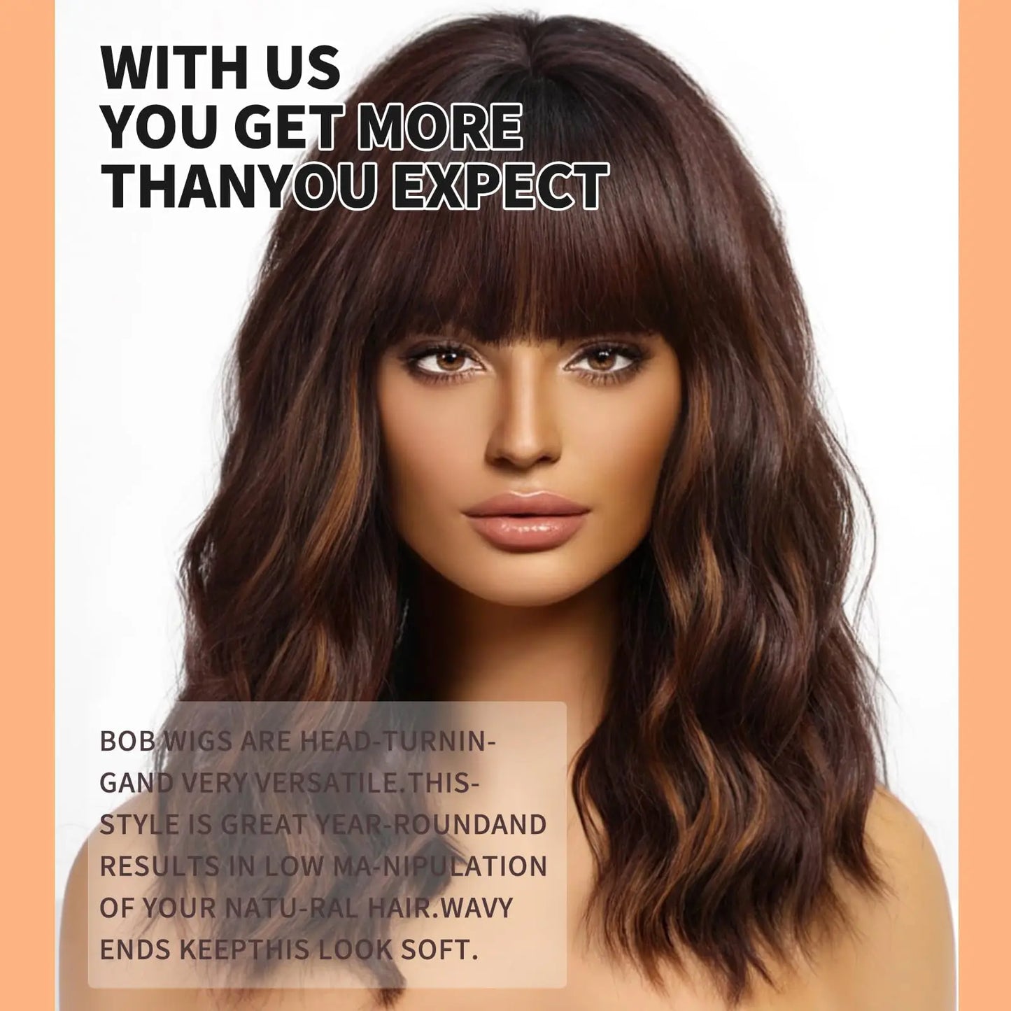 Short Brown Highlight Wigs With Bangs Natural Wavy Hair Wigs For White Women Heat Resistant Synthetic Bob Wig Shoulder Length