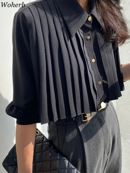 2025 Camisas De Mujer Korean Blouses for Women Temperament Single Breasted White Shirts Crop Tops Autumn Pleated Vintage Blouse