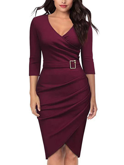 Office Lady Spring Dress V Neck Short Sleeve Dresses Women Pleat Bodycon Robe Vestido