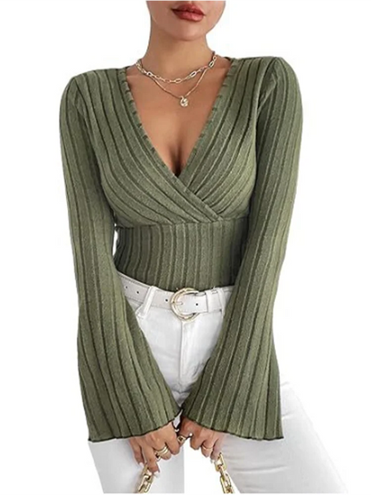 Sexy V-neck Flared Long Sleeved Solid Color Low Cut Women's T-shirt High Street Fashion Slim Fit Elegant Women's Top