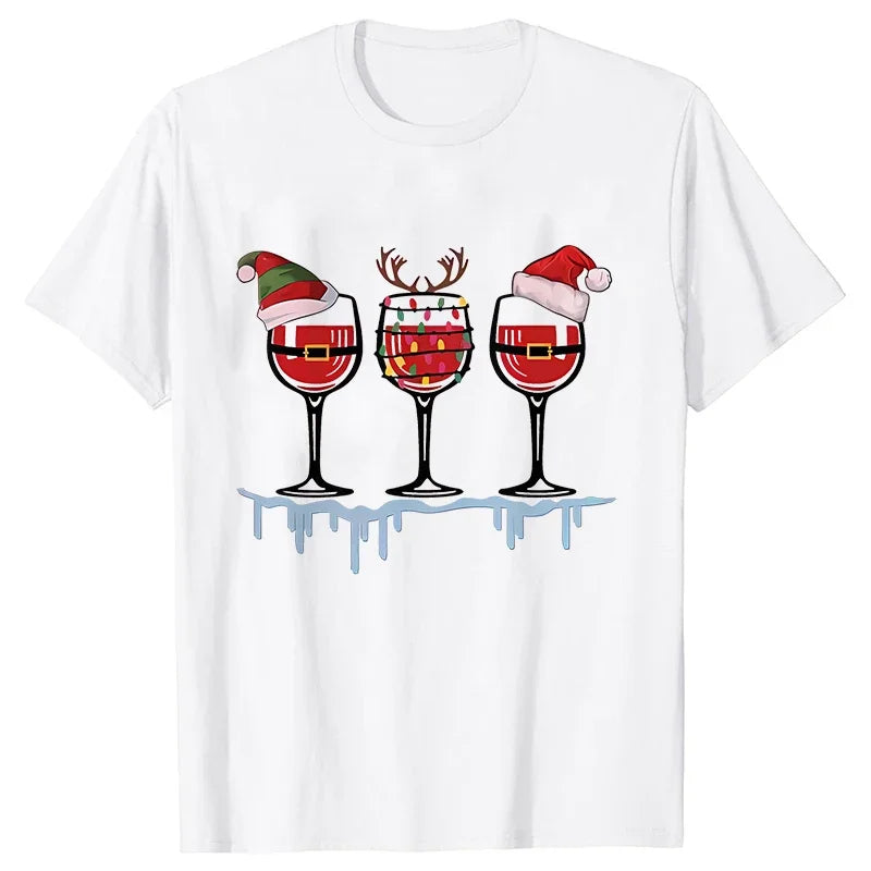 Christmas Wine T Shirts for Women Clothing Funny Cartoon T-shirts Kawaii Fashion Tshirt Korean Female Tops Christmas Wine Tees
