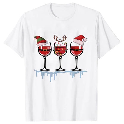 Christmas Wine T Shirts for Women Clothing Funny Cartoon T-shirts Kawaii Fashion Tshirt Korean Female Tops Christmas Wine Tees