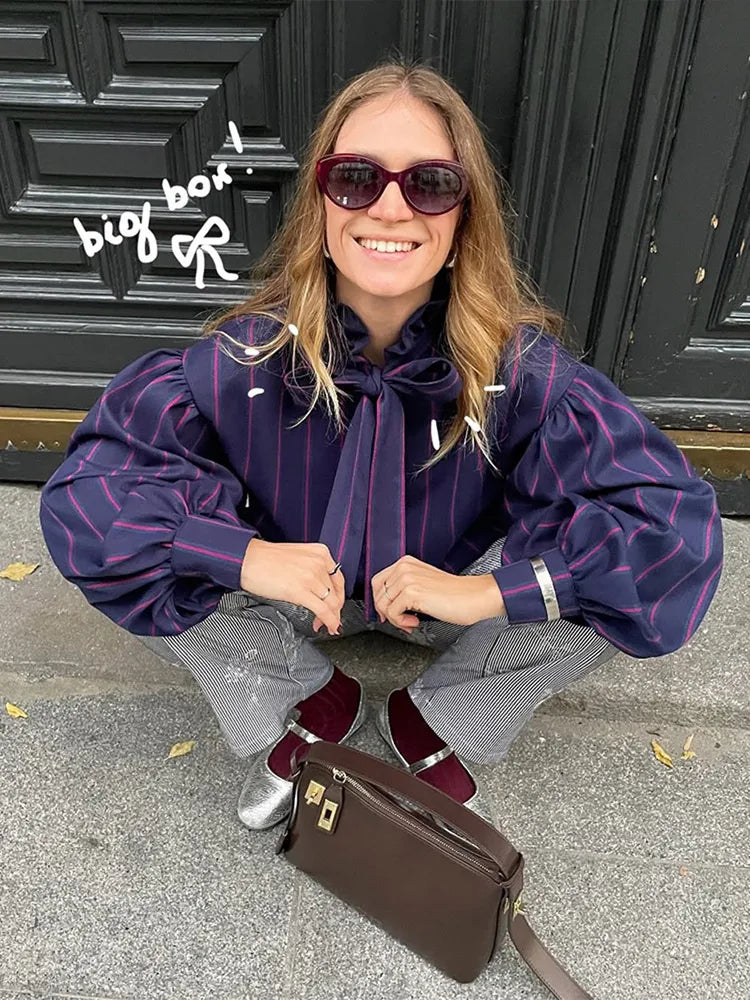 Striped Women Casual Lace Up Blouse Fashion O Neck Long Sleeve Single-breasted Loose Shirt 2025 Spring New Female Commuting Tops