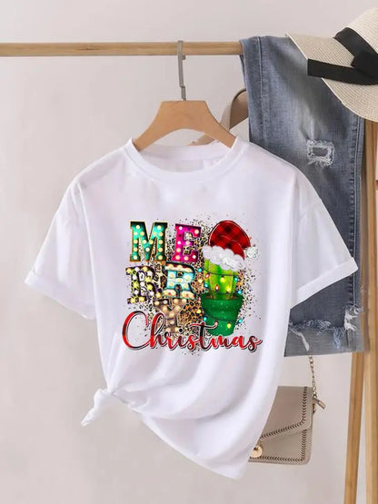Lady New Year Short Sleeve Print Fashion Women Shirt Tee Top Paw Dog Cat Trend Cute Christmas Clothing Clothes Graphic T-shirt