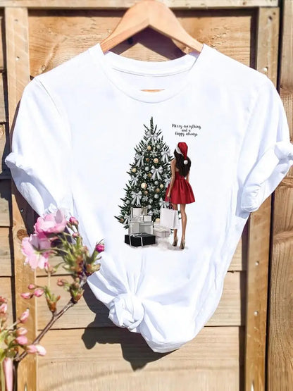 Merry Christmas New Year Holiday Graphic T Tee Fashion Cat Tree Lovely 90s Cute 2025 Print T Top Women Shirt Clothing T-shirts