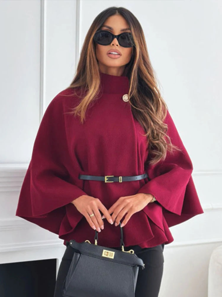 Lady Cloak Cape Woollen Tweed Poncho Thick Autumn Winter Women Single Buckle Batwing Sleeve Coat Elegant Warm Loose Outwear 2024