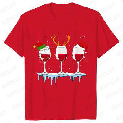 Christmas Wine T Shirts for Women Clothing Funny Cartoon T-shirts Kawaii Fashion Tshirt Korean Female Tops Christmas Wine Tees