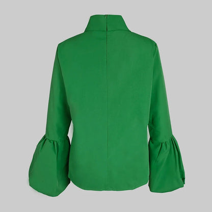 Modigirl Bowknot High Collar Shirt for Women 2024 New Lantern Sleeve Fit Solid Green Blouse Urban Women's Fashion Commuter Top