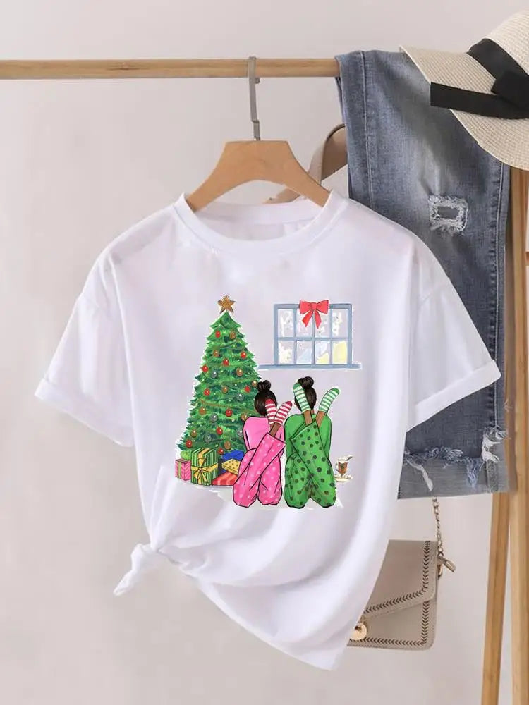 Lady New Year Short Sleeve Print Fashion Women Shirt Tee Top Paw Dog Cat Trend Cute Christmas Clothing Clothes Graphic T-shirt