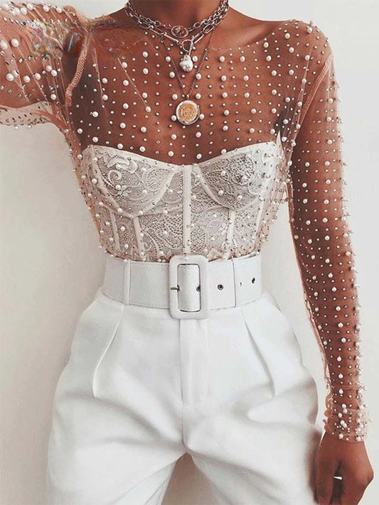 2023 Women Transparent O-Neck Long Sleeve Sexy Lace Mesh Shirt Club Party Tops Ladies Spring Pearl Beading Blouse Blusas