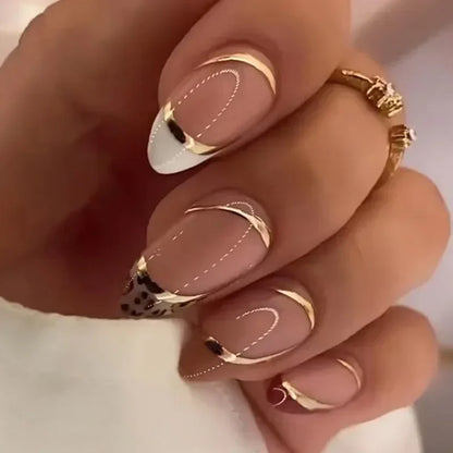 24Pcs French Gold Edge Wearable Almond Press on Fake Nails Simple Pearl Decoration False Nails with Glue Full Over Manicure Tips