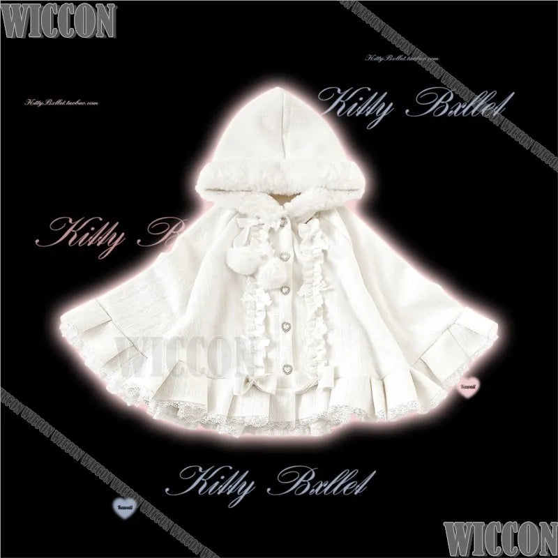 Jirai Kei Pompon Hooded Cape Cosplay Costume Cute Kawaii Falbala Cloak Winter Dress Girl Women Christmas Holloween Customized