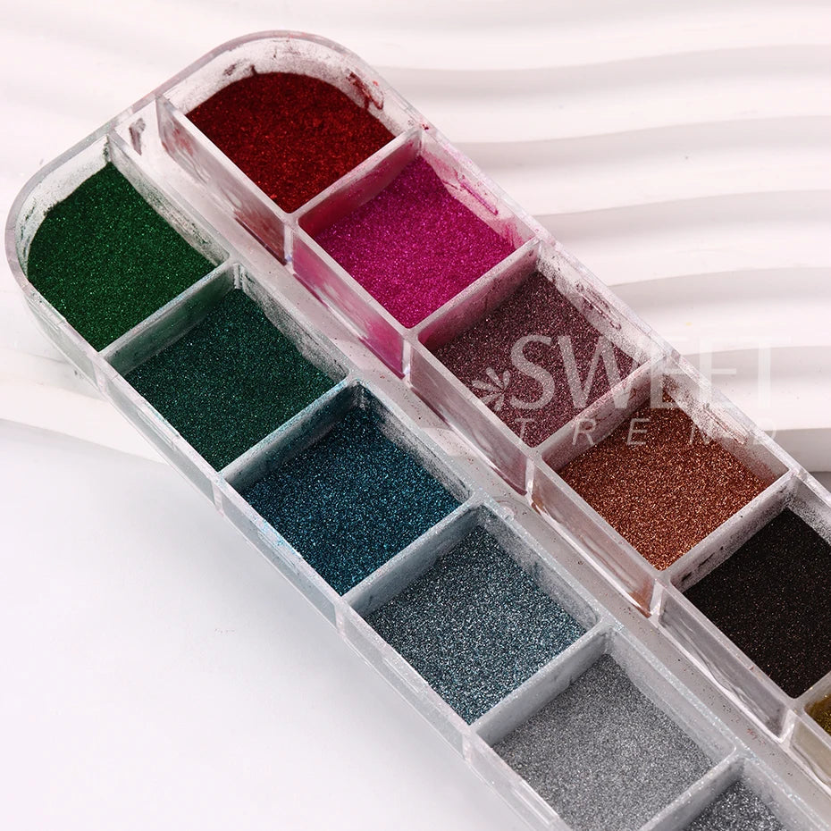 12Colors Nail Glitter Aurora Mirror Powder Chrome Dust Pigment Paint Dip Metallic Shiny With Magic Effect Dust Manicure Design