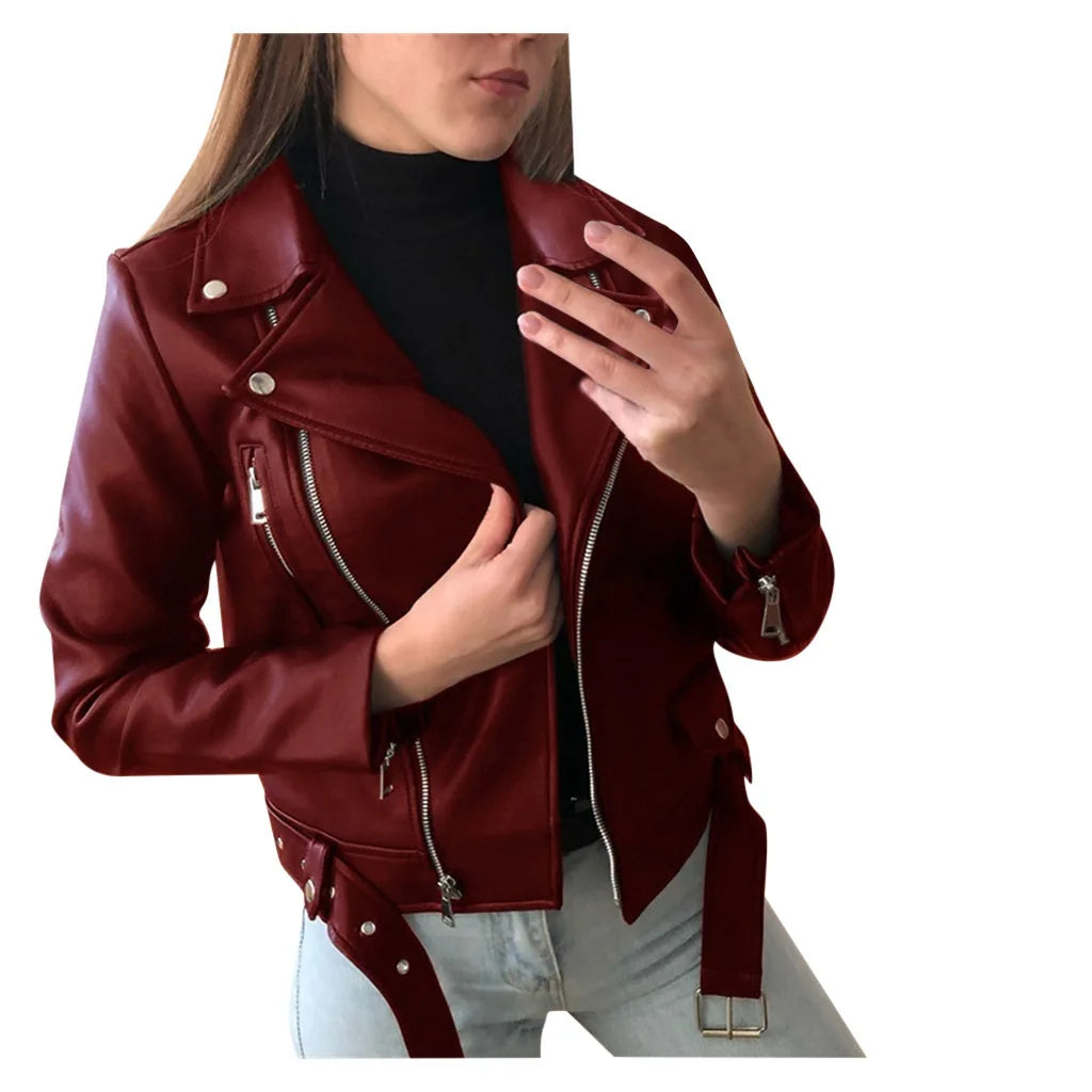 2023 New 4 Color Women Spring Autumn Black Faux Leather Jackets Zipper Basic Coat Turn-down Collar Motor Biker Jacket With Belt