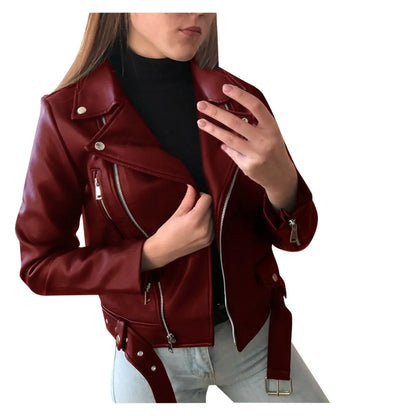 2023 New 4 Color Women Spring Autumn Black Faux Leather Jackets Zipper Basic Coat Turn-down Collar Motor Biker Jacket With Belt