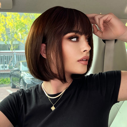 HENRY MARGU Short Straight Synthetic Wigs with Bang Brown Black Brown Hairs Wig for Women Daily Cosplay Party Heat Resistant