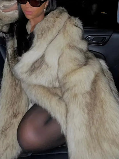 Luxury Fluffy Faux Fur Long Coat Women Lapel Long Sleeve Loose Thicken Warm Overcoat 2024 Autumn Winter Lady Fashion Streetwear