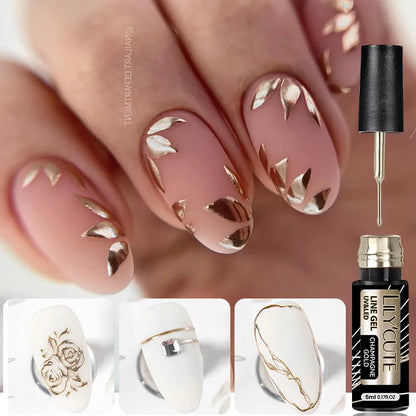 LILYCUTE  5ml Gold Sliver Metallic Liner Gel Nail Polish French Style Super Bright Mirror Pull Line Graffiti Painting Stripe Gel