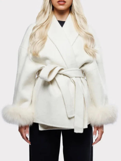 Elegant White Detachable Faux Fur Cuffs Woolen Coat Women Fashion Lapel Belt Long Sleeve Warm Jacket Autumn Lady Street Outwear
