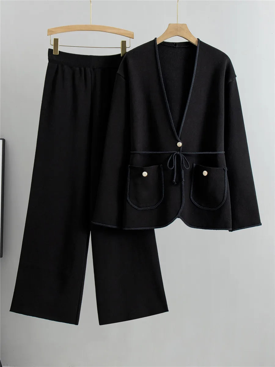 Spring Fall Knit 2 Pieces Sets Women Knitwear V-neck Braid Belt Cardigan Tops Conjuntos Korean High Waist Sweatpants Outfit New
