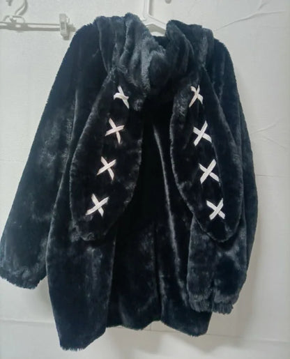 2025 Winter Clothing Women Jackets Harajuku Rabbit Ears Punk Black Coats Thicked Furry Zipper Oversized Y2k Tops Ropa Mujer