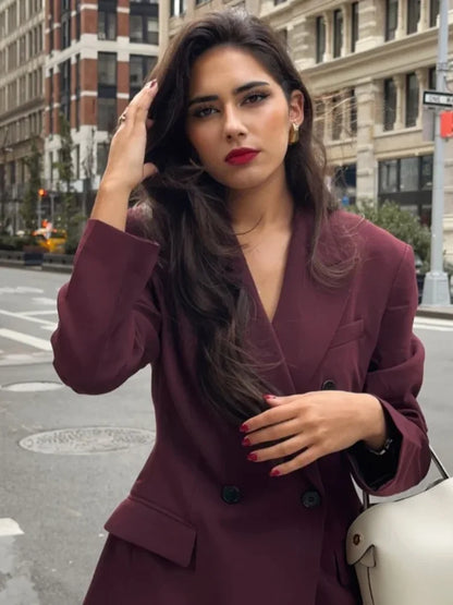Wine Red Women's Blazer Coat Fashion Long Sleeve Lapel Double Breasted Female Coats 2024 Autumn Winter Slim Lady Outwear