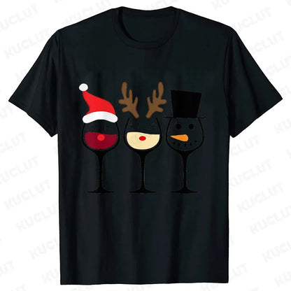 Christmas Wine T Shirts for Women Clothing Funny Cartoon T-shirts Kawaii Fashion Tshirt Korean Female Tops Christmas Wine Tees