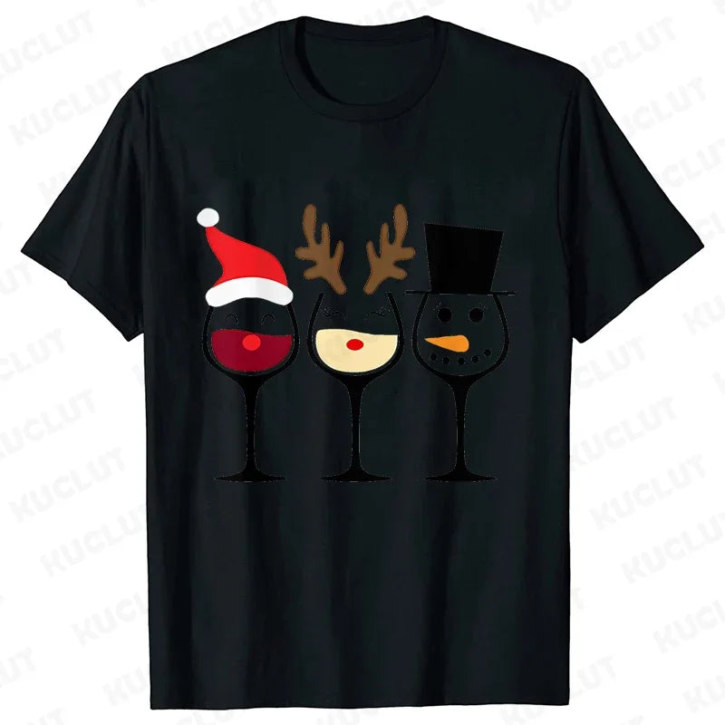 Christmas Wine T Shirts for Women Clothing Funny Cartoon T-shirts Kawaii Fashion Tshirt Korean Female Tops Christmas Wine Tees