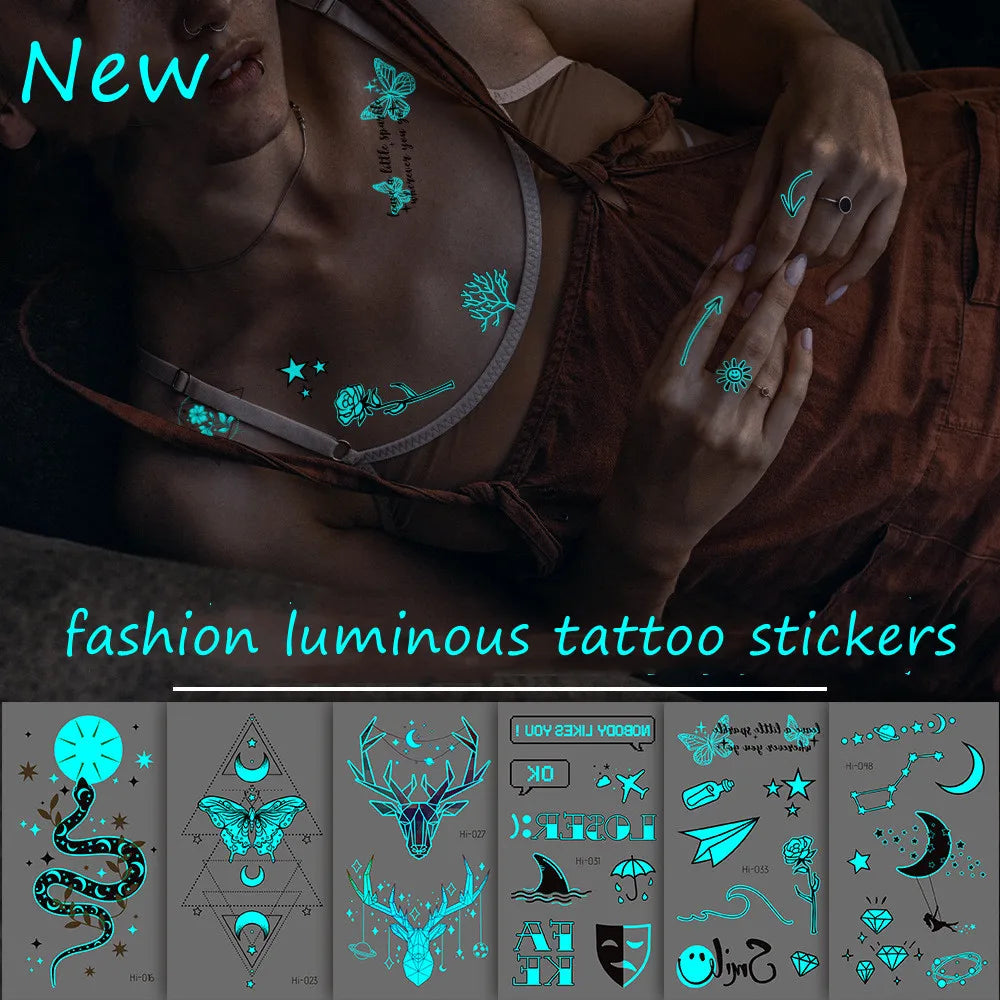 Luminous Tattoo Stickers for Women Arm Face Glowing Tattoos Body Art Tattoos Snake Butterfly Electric Syllable Party Tattoo 2022