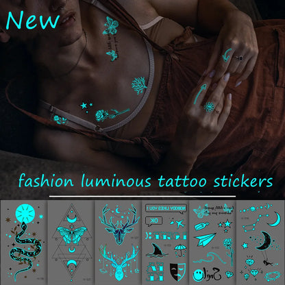 Luminous Tattoo Stickers for Women Arm Face Glowing Tattoos Body Art Tattoos Snake Butterfly Electric Syllable Party Tattoo 2022