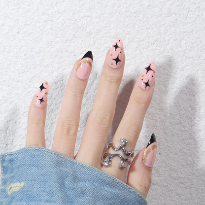 24Pcs French Gold Edge Wearable Almond Press on Fake Nails Simple Pearl Decoration False Nails with Glue Full Over Manicure Tips