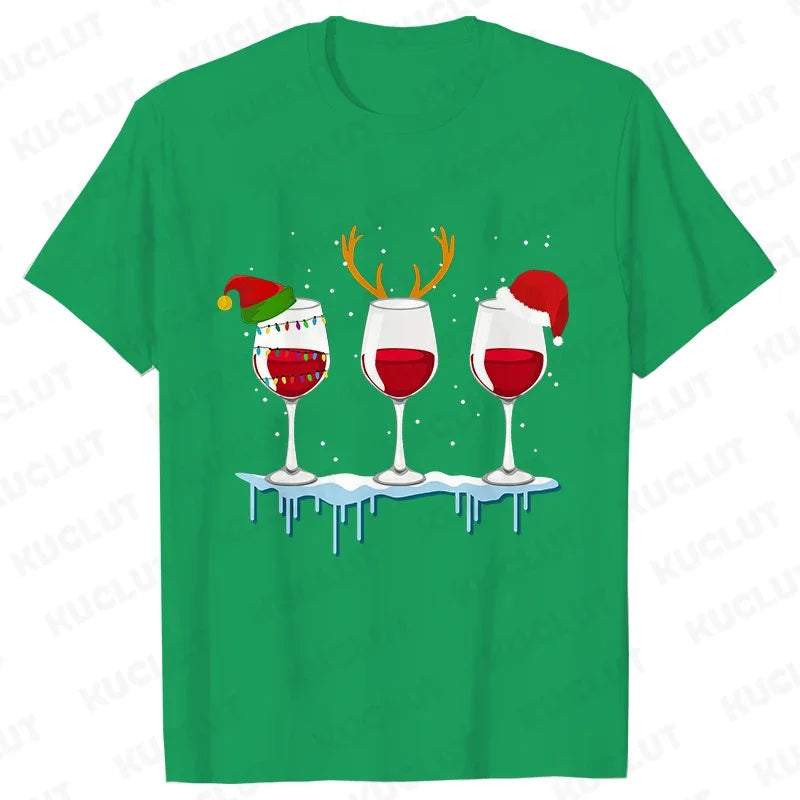 Christmas Wine T Shirts for Women Clothing Funny Cartoon T-shirts Kawaii Fashion Tshirt Korean Female Tops Christmas Wine Tees