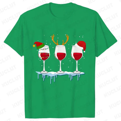 Christmas Wine T Shirts for Women Clothing Funny Cartoon T-shirts Kawaii Fashion Tshirt Korean Female Tops Christmas Wine Tees