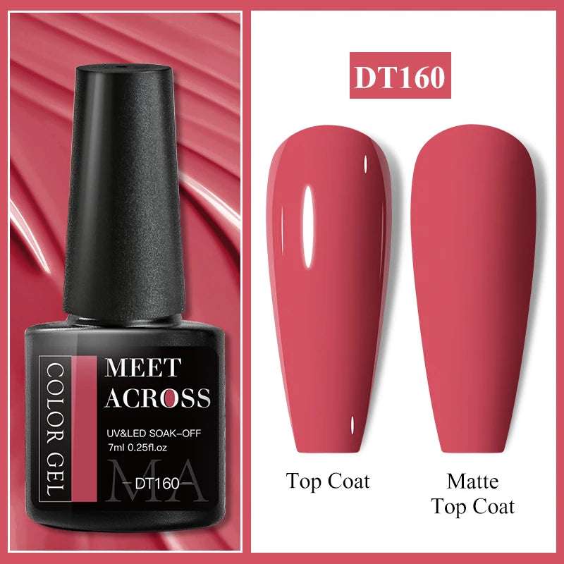MEET ACROSS 7ml Red Gel Nail Polish Crystal Semi Permanent Soak Off UV Gel Varnish Nail Art Manicure Base Matte Top Coat Vernis