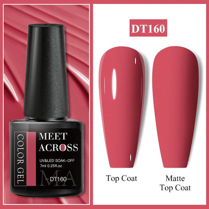 MEET ACROSS 7ml Red Gel Nail Polish Crystal Semi Permanent Soak Off UV Gel Varnish Nail Art Manicure Base Matte Top Coat Vernis