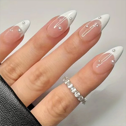 Girls Women 24Pcs/Set Middle Size Water Droplet Shaped French white edged pearl decorative Full Coverage Fake Nails
