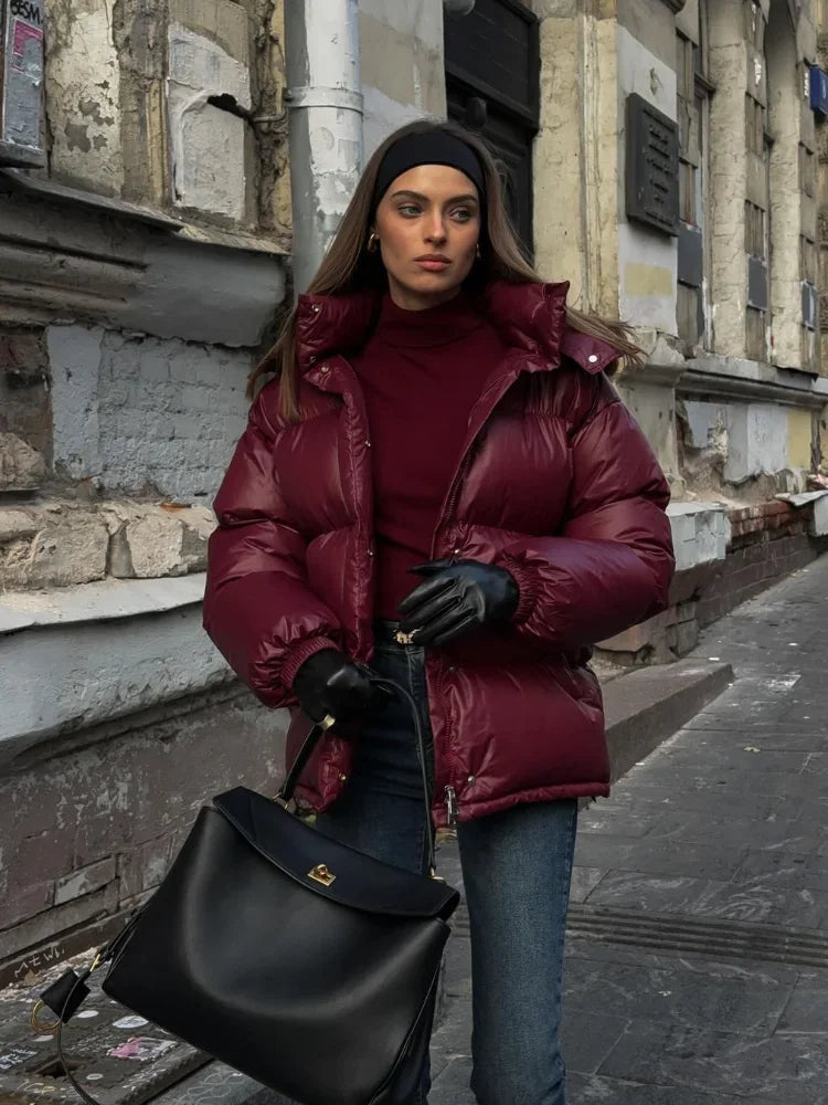 2024 Winter Burgundy Hooded Warm Cotton Coats Fashion Stand Collar Single Breasted Zipper Cotton Jacket Female Elegant Outerwear