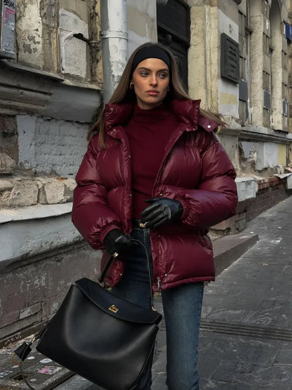 2024 Winter Burgundy Hooded Warm Cotton Coats Fashion Stand Collar Single Breasted Zipper Cotton Jacket Female Elegant Outerwear