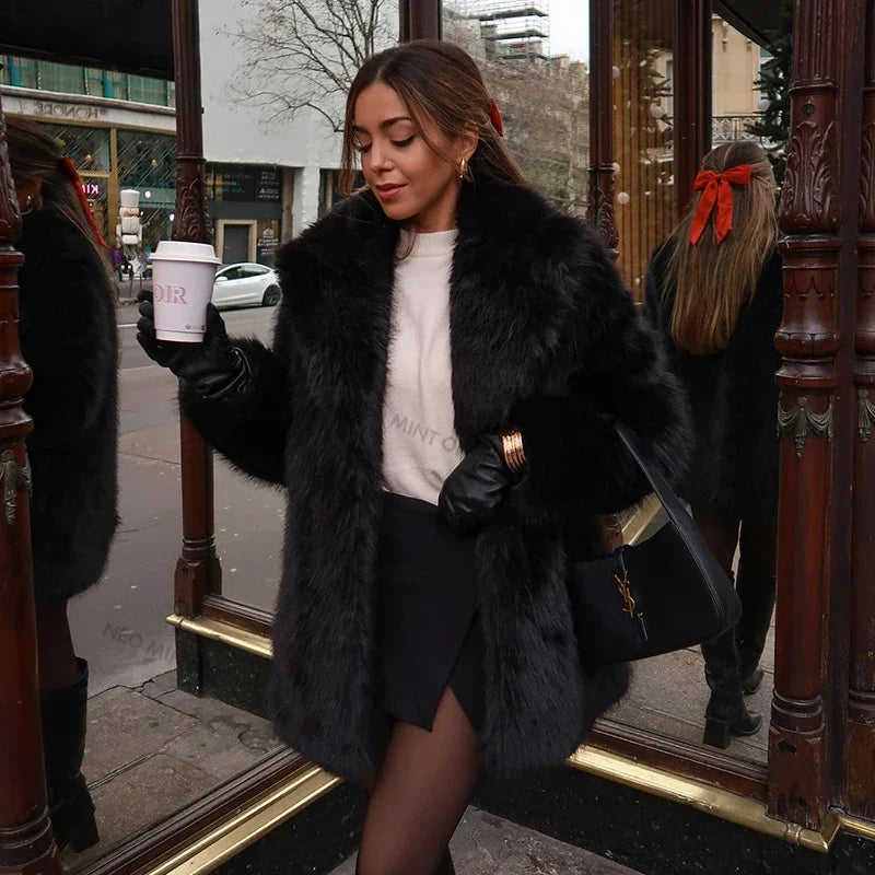Lapels Faux Fur Coat Women 2024 Winter Brand Designer Fluffy Fox Fur Jacket Luxury Furry Overcoats Girl Stylish Long Outerwear
