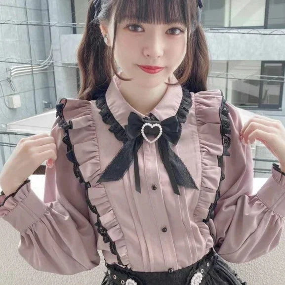 Japanese Kawaii Lace Ruffle Shirt Women Y2k Pink Bow Blouse Harajuku Cute Ladies Tops 2025 New Fashion Lolita Blusas Femme