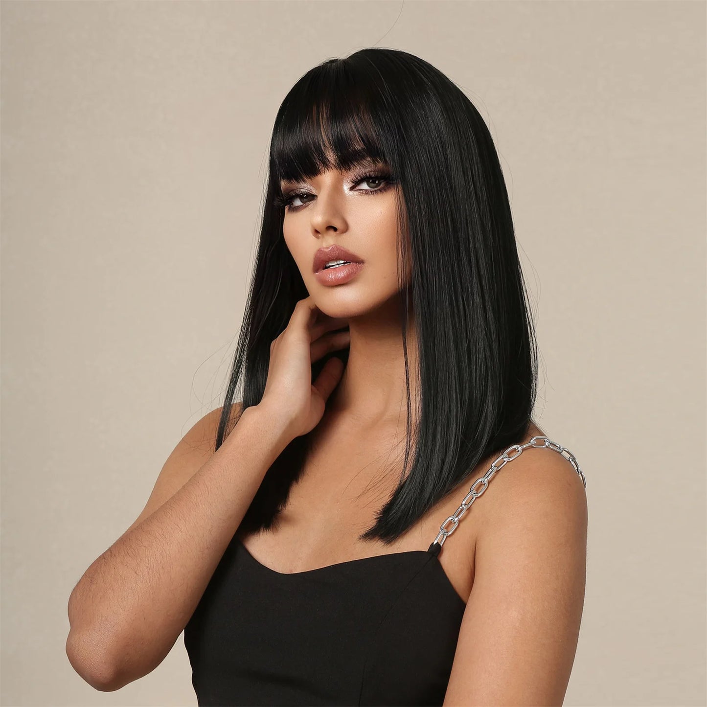 Straight Black Bob Synthetic Wig with Bangs Medium Long Cosplay Layered Wigs for Woman Natural Hair Daily Wig Heat Resistant
